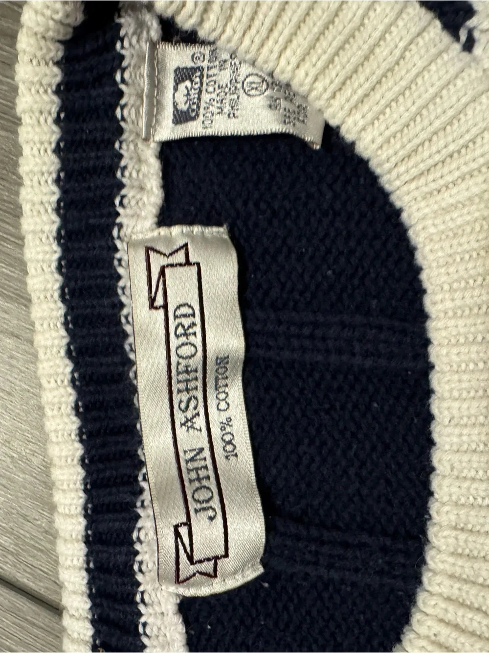 John Ashford Navy and Cream Wide-Stripe Crewneck Sweater